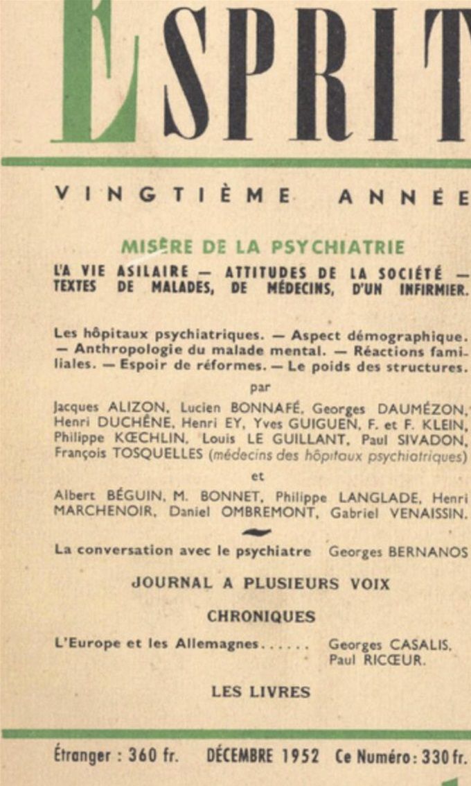 12/1952 Misère de la Psychiatrie revue ESPRIT