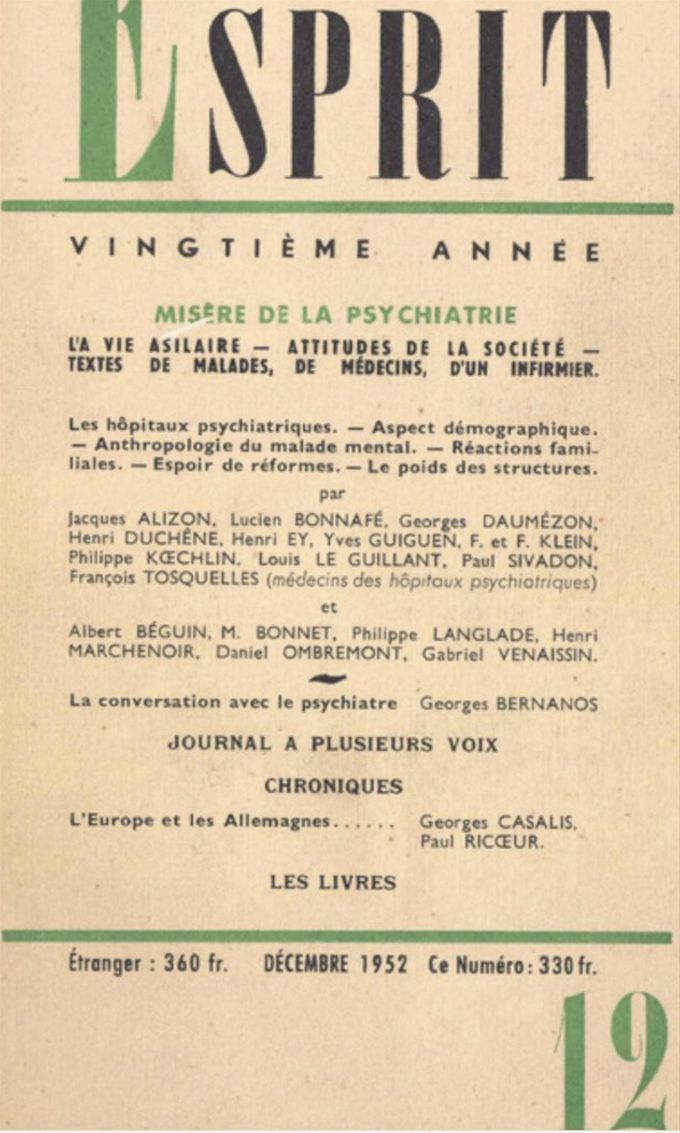 12/1952 Misère de la Psychiatrie revue ESPRIT